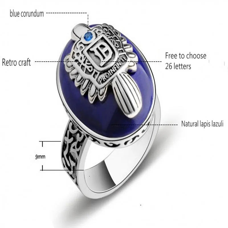 A-K BOCAI S925 Silver Vampire Diaries Lapis Lazuli Men's Ring – Wide, Customizable Letters